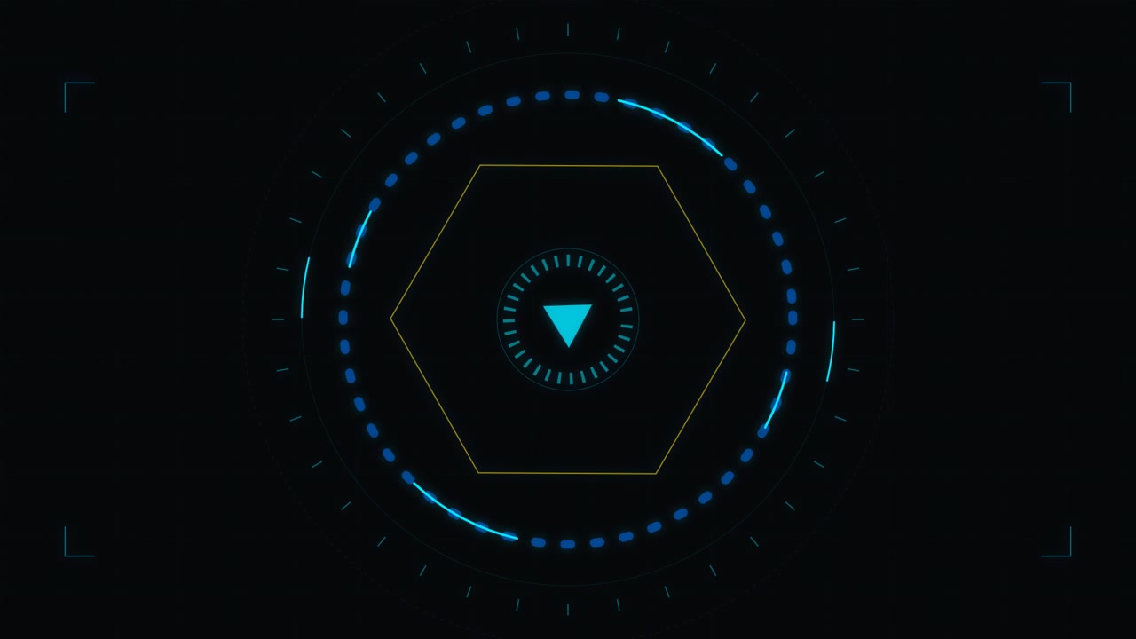 Futuristic Digital HUD Interface with Rotating Hexagon and Arrow