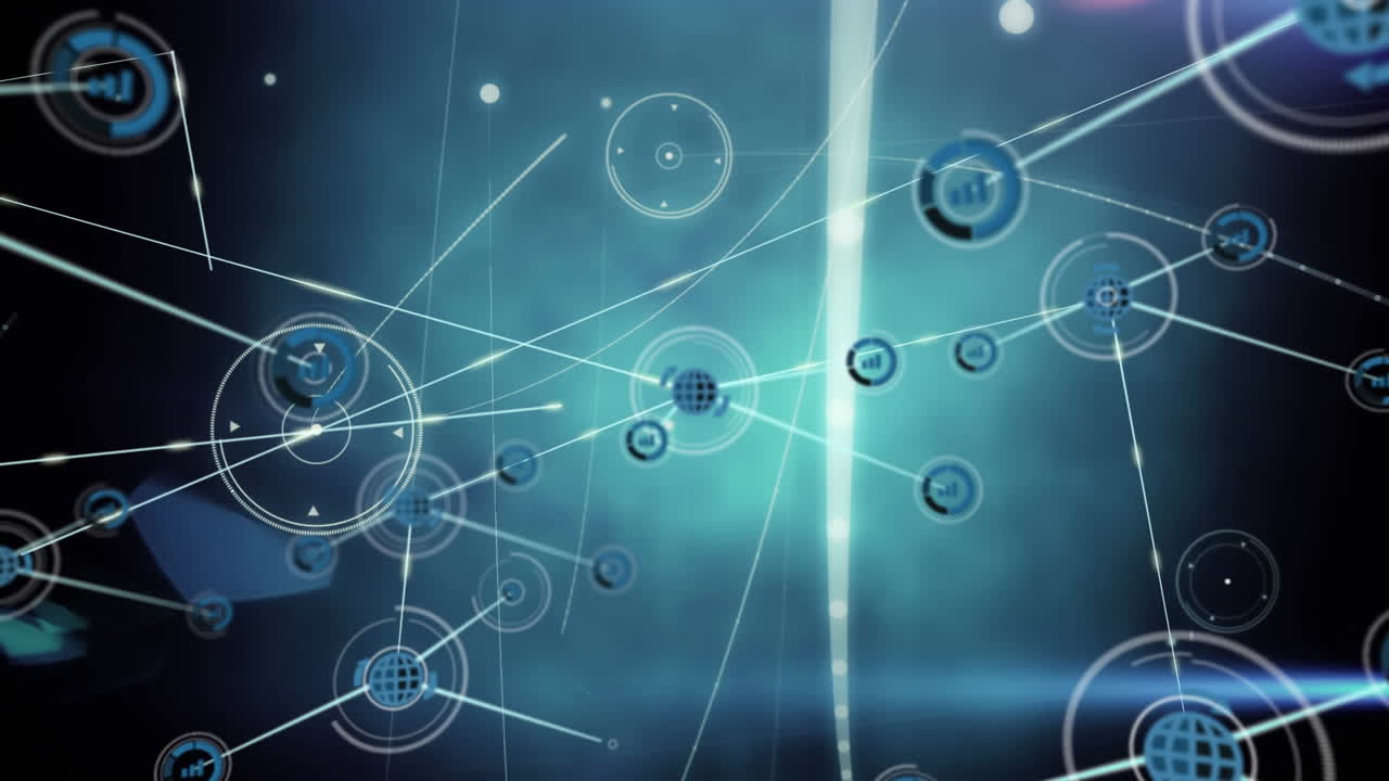 animación de la red de conexiones con iconos sobre luces de guante sobre fondo oscuro