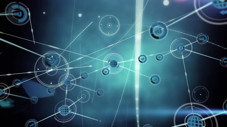Animation of network of connections with icons over gloving lights on dark background