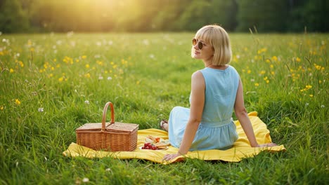 a serene outdoor picnic scene capturing a woman enjoying a peaceful moment in a lush field, surrounded by vibrant flowers and warm sunlight, with a picnic basket by her side.