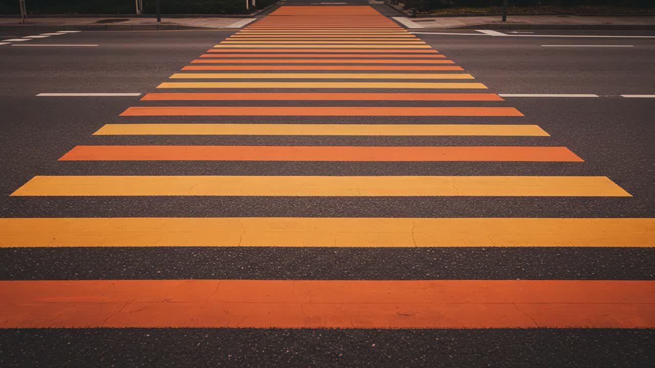 Vibrant Crosswalks: A Striking Display of Color with Alternating Red, Yellow, and Black Stripes on Urban Streets, Enhancing Pedestrian Visibility and Safety