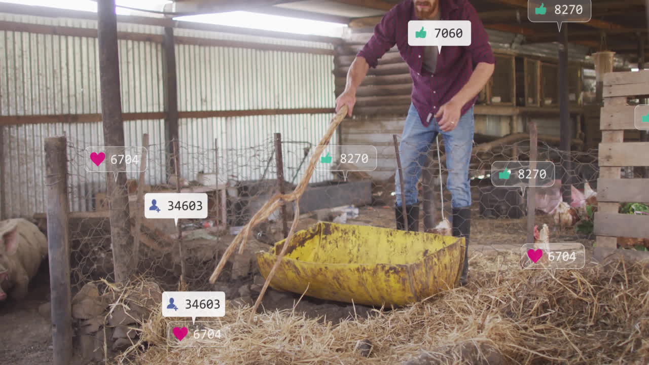 Farmtech marketing: landarbejder med greb flytter halm til en vogn med svævende sociale ikoner.
