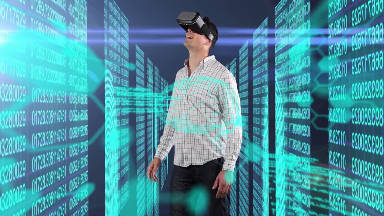 Man using VR headset against screens wit cyber security data processing