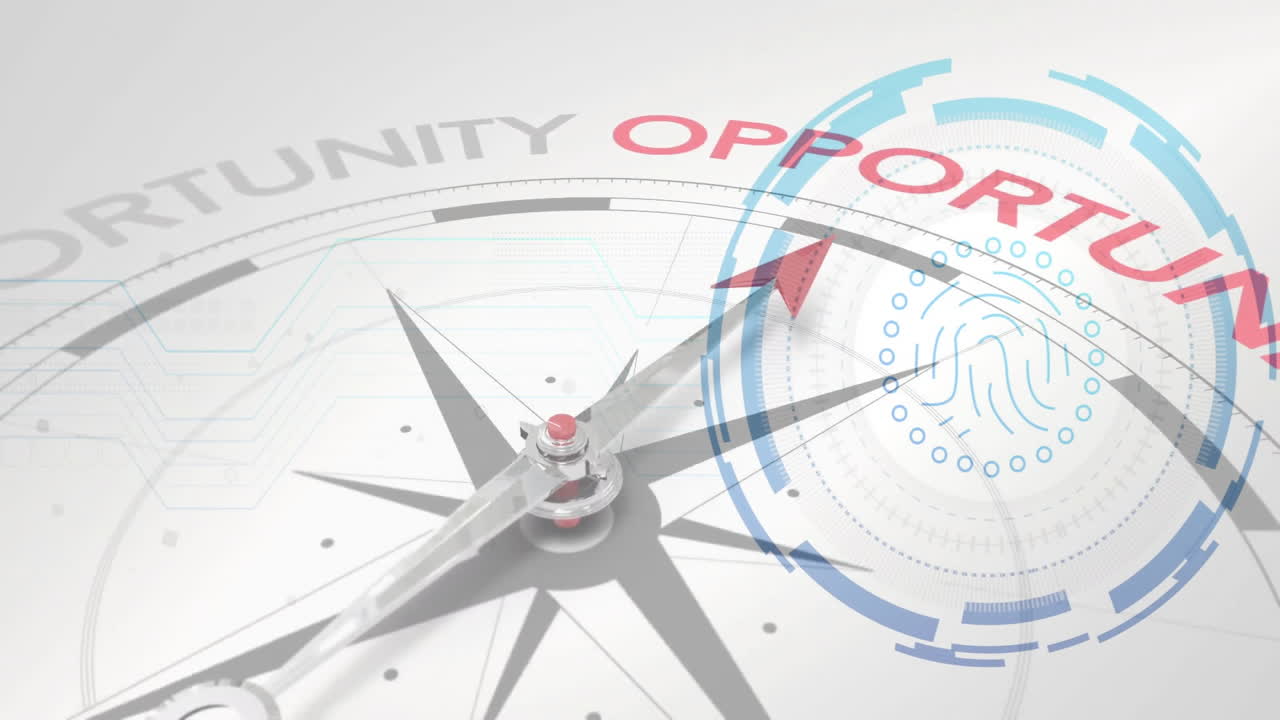Compass pointing to OPPORTUNITY with fingerprint and digital elements animation