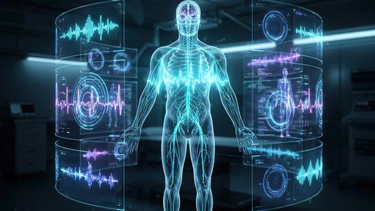 Digital human body surrounded by diagnostic screens in futuristic laboratory