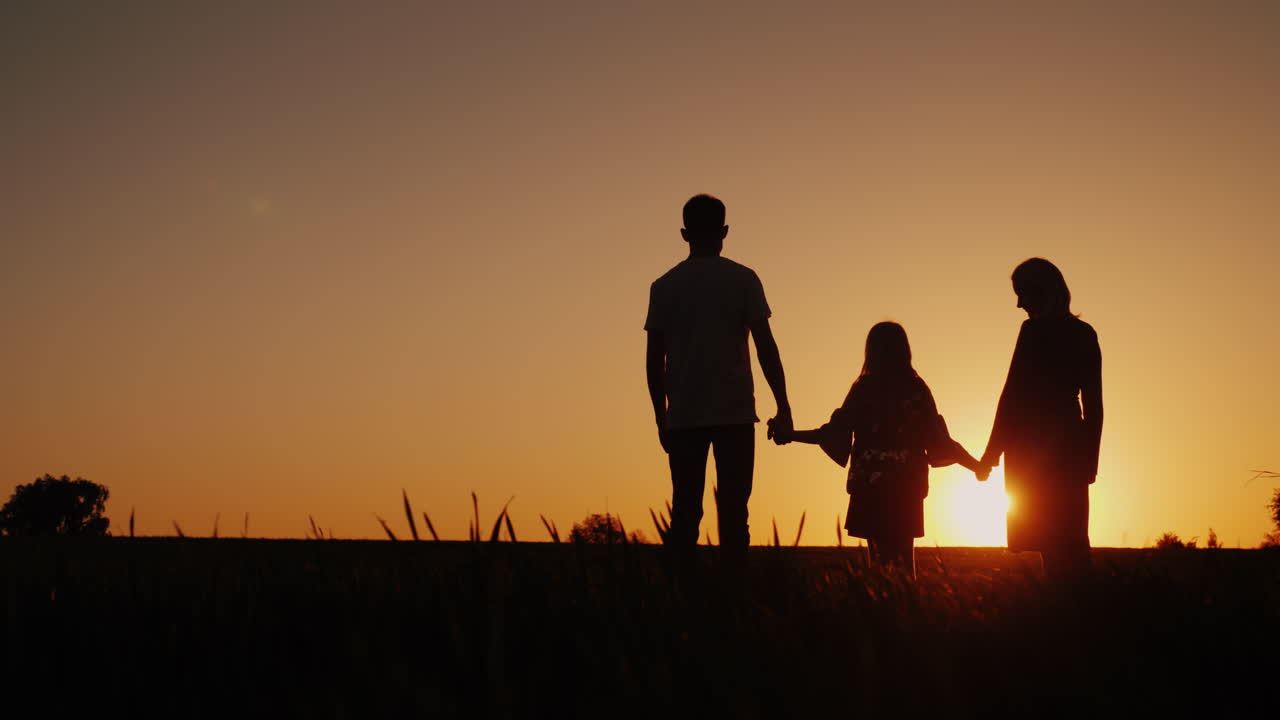 Giovane famiglia con un bambino che ammira il tramonto nel campo, tenendosi per mano. Video 4K.