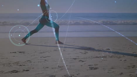 animation of networks of connections over caucasian woman praciticing yoga on beach