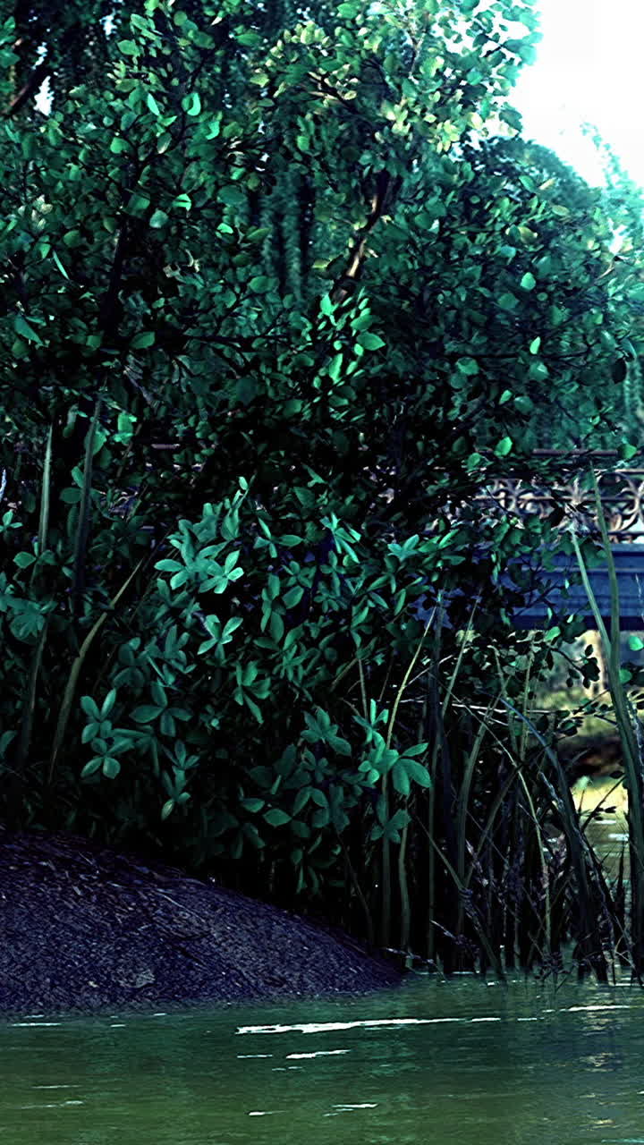 Idyllic riverside getaway with greenery and a sunlit bridge