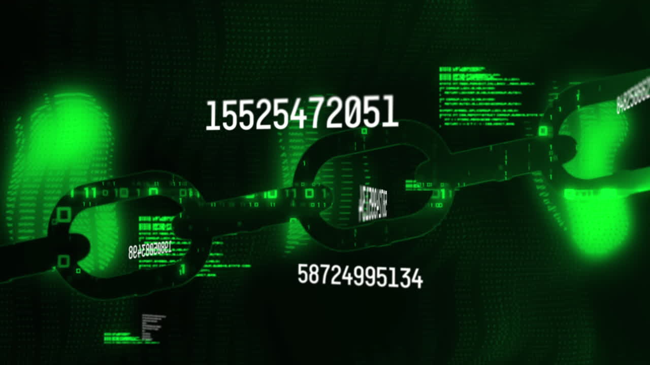 animación de números cambiantes y procesamiento de datos sobre una cadena de seguridad en línea que brilla en verde