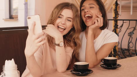 two happy friends taking a selfie in a cafe