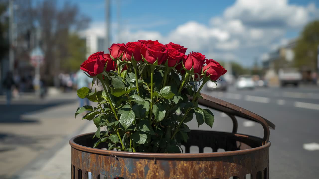 Buquê de rosas vermelhas balançando com a brisa em uma lata de lixo enferrujada na calçada com carros passando