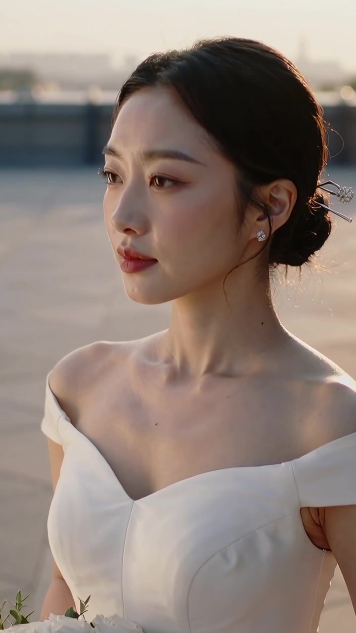 垂直影片：穿婚紗的新娘站在屋頂上，頭向左轉，鏡頭拉近，手持玫瑰
