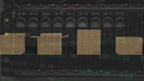 animation of computer server with data processing over cardboard boxes on conveyor belt