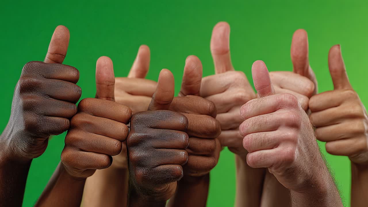 A Diverse Group of Hands Giving Thumbs Up, Celebrating Unity and Positivity Against a Vibrant Green Background in Two Captured Frames