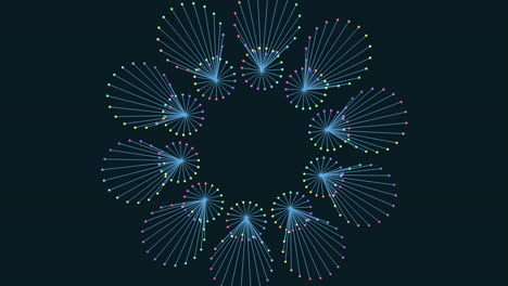 abstract circular pattern of dots and lines on black background