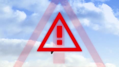 Animation-of-triangle-warning-road-sign-over-airplane-flying-on-blue-sky-in-the-background.-