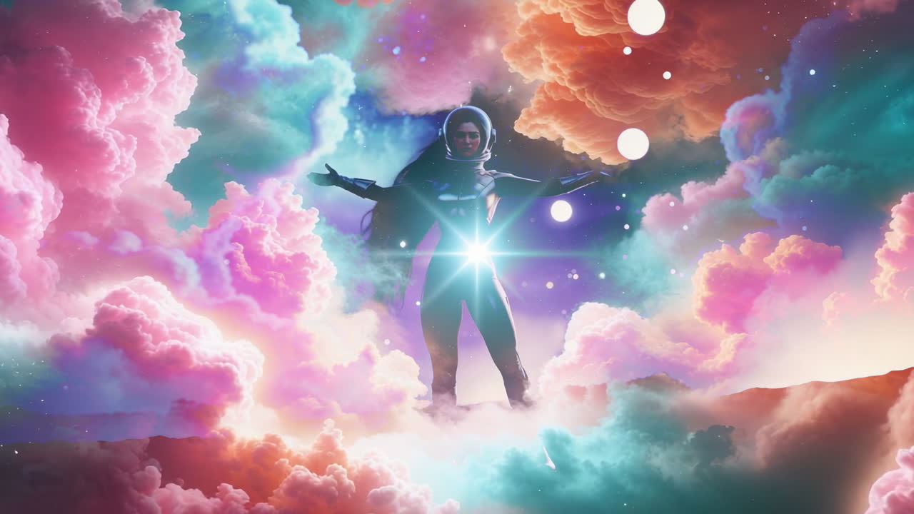 Astronauta in un vibrante paesaggio cosmico onirico