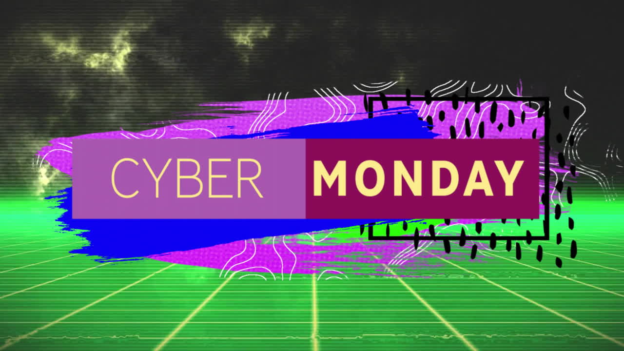 Cyber Monday text animation over colorful abstract shapes and grid background