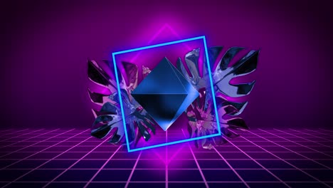 Animation-Von-Diamant,-Neonquadrat-Und-Blättern-Mit-Glitch-über-Dem-Gitter