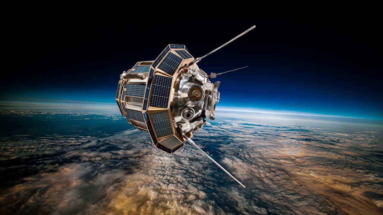 Navicella spaziale moderna che vola sopra la Terra con orizzonte drammatico, nuvole e sfondo di spazio profondo