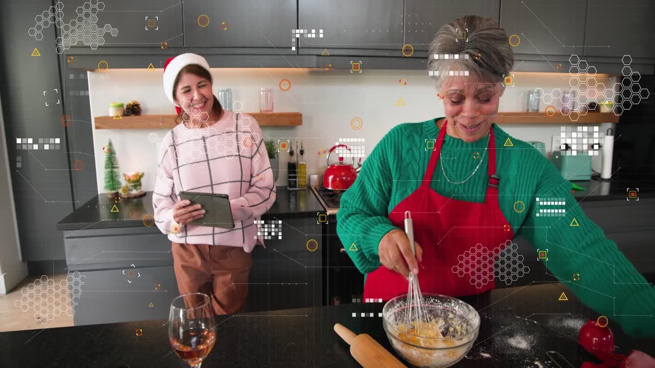 Cook cracking eggs and whisking in holiday food demo as pal following tablet, overlay guiding hands