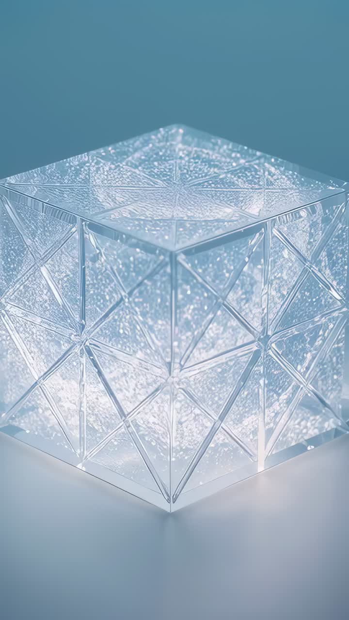 Vertical video: Panning camera showing faceted cube pulsing LED on studio table to reveal sparkles