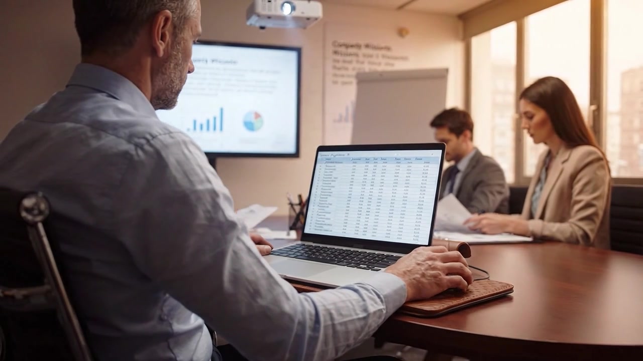 Business Meeting Focused on Data Analysis with Presentations Projected on Screen, Engaging Discussion Among Team Members and Detailed Spreadsheet Insights