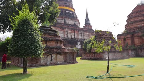 slow pan across serene temple ruins and trees