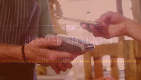 animation of data processing over caucasian woman paying with smartphone