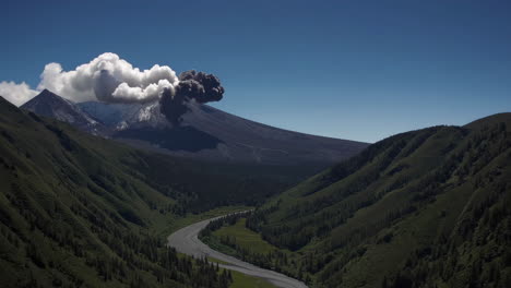 volcanic eruption with ash plume in a mountain valley