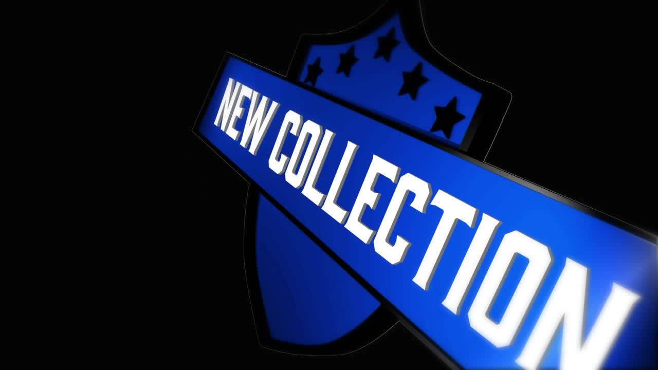Animation of new collection on shield over blue clouds on black background