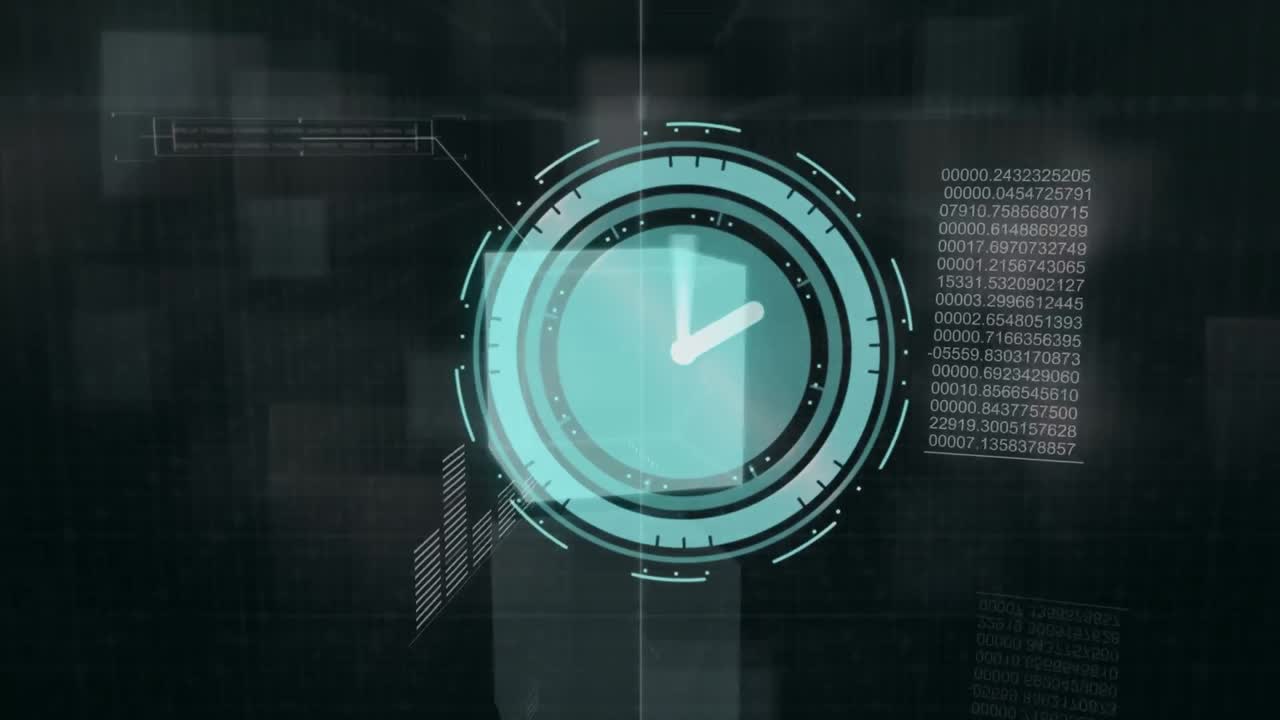 Animation of moving clock and data processing over squares on black background