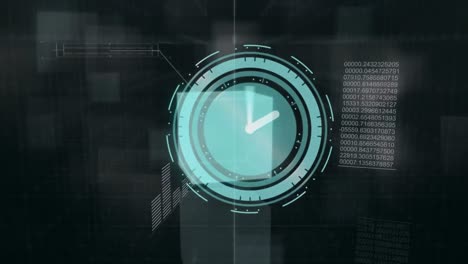 Animation-of-moving-clock-and-data-processing-over-squares-on-black-background