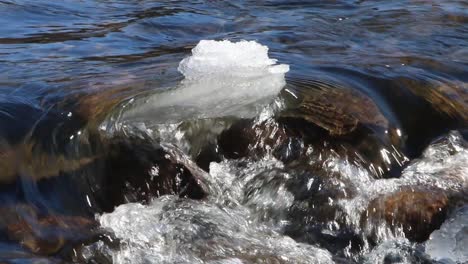 un río cristalino que fluye más allá de una roca cubierta de hielo a principios de la primavera