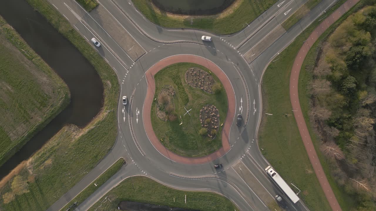 Bird's eye view over a traffic circle in the Netherlands