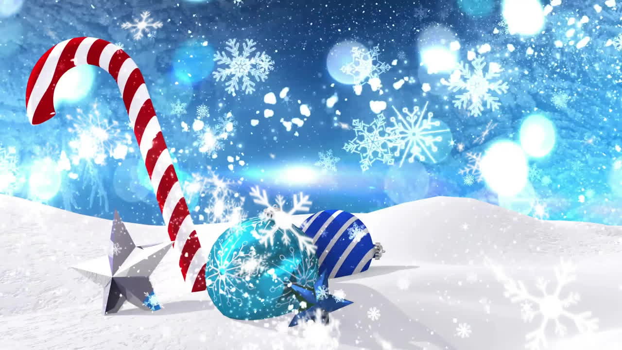 Christmas decorations with candy cane and ornaments over snowflakes animation