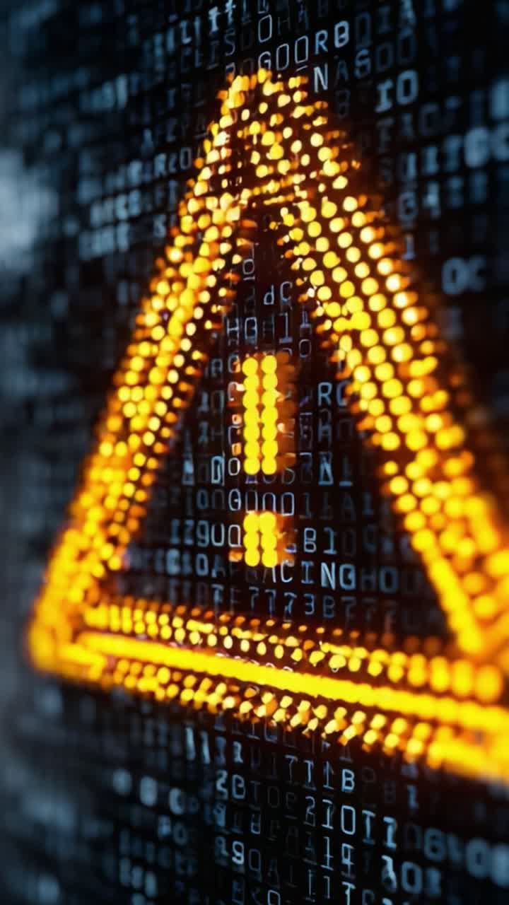 Visually Striking Warning Symbol Illuminated Against a Complex Background of Binary Code, Signifying Alerts and Cybersecurity Threats in the Digital Realm