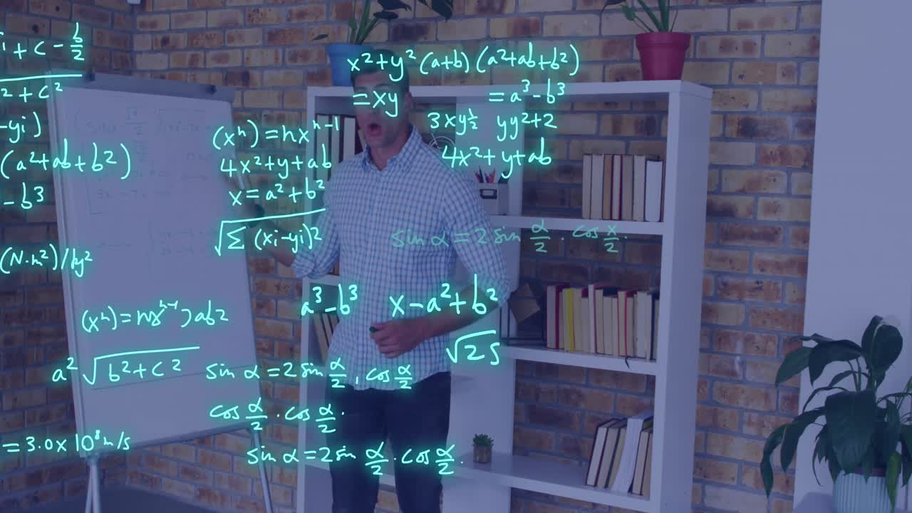 animación del procesamiento de datos sobre un maestro caucásico en una videollamada