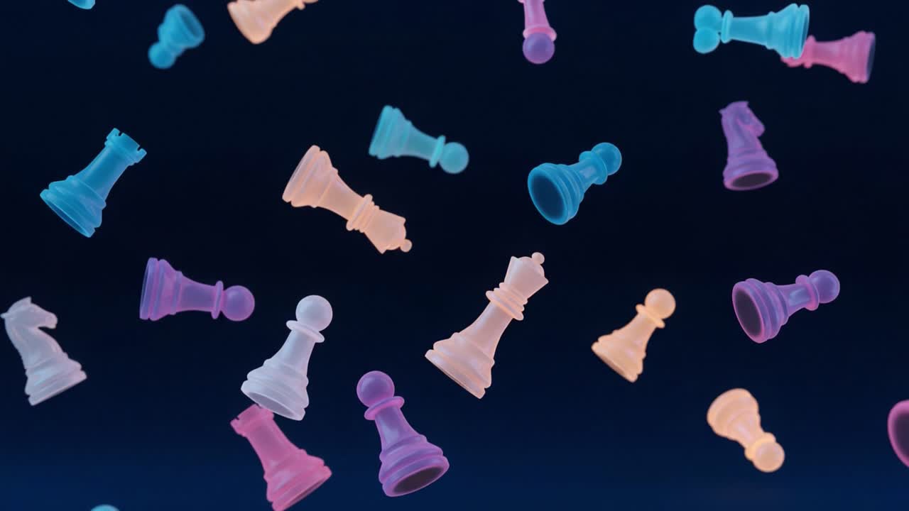 A Dynamic Display of Colorful Chess Pieces in Motion, Capturing the Essence of Strategy and Design in a Unique Floating Arrangement Against a Dark Background