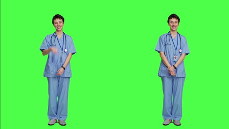 joyful medical assistant greeting patients with a smile and waving