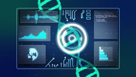 Animación-Del-Hilado-De-Cadenas-De-ADN,-Escaneo-De-Alcance-Y-Procesamiento-De-Datos-Científicos-En-Pantallas.