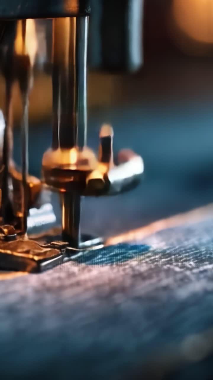 Close-Up of Sewing Machine Needle in Action, Capturing the Intricate Details of Fabric Stitching with Thread and Light in a Creative Textile Environment