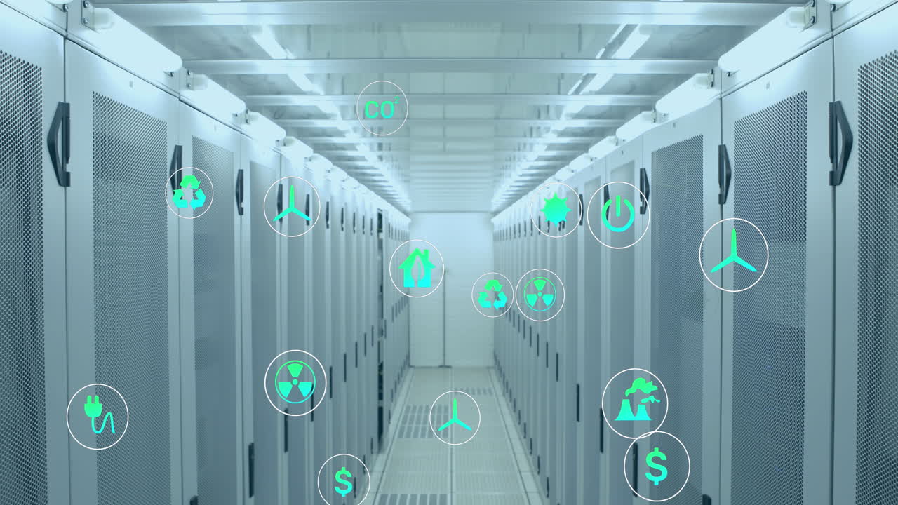 animación de iconos digitales sobre la sala del servidor