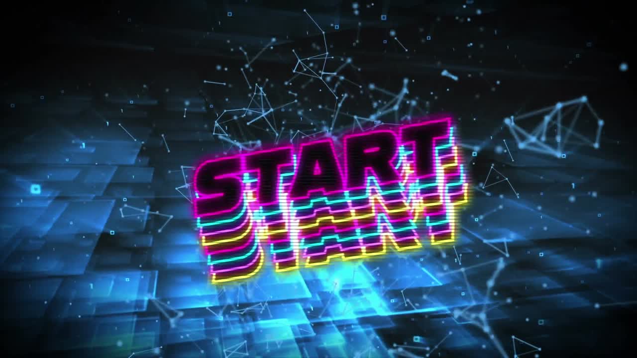 animación del texto de inicio en letras de neón en repetición sobre pantallas azules