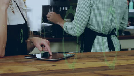 animation of data processing over woman using tablet