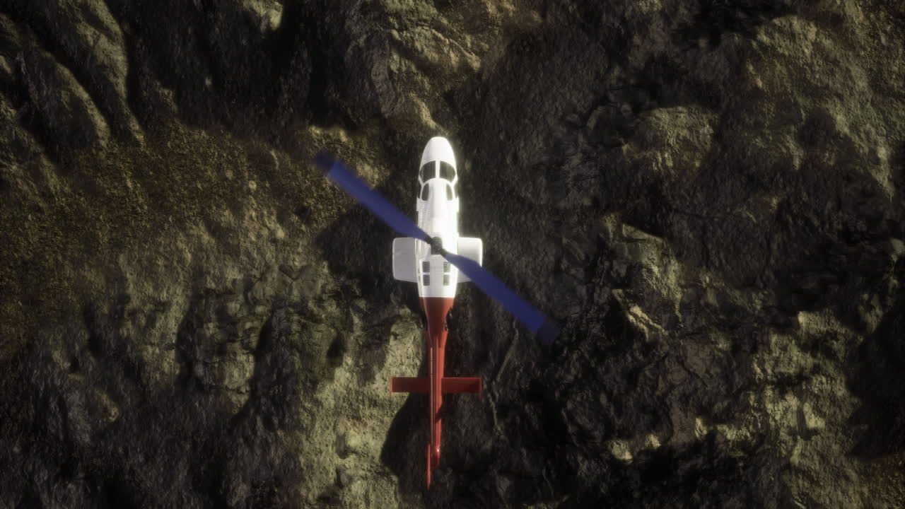 Helicopter hovering above rocky terrain in a remote location