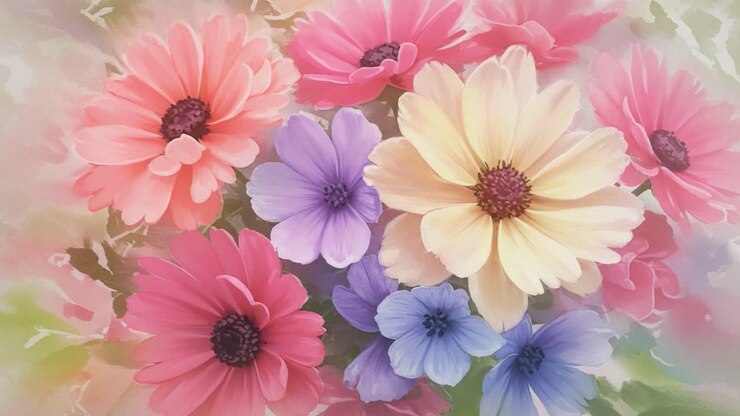 Eine lebendige Feier der Natur: Eine künstlerische Blumenkomposition mit farbenfrohen Blüten in sanften Pastelltönen, die die Schönheit und Vielfalt der Blumen in einem reizvollen Arrangement zeigt.