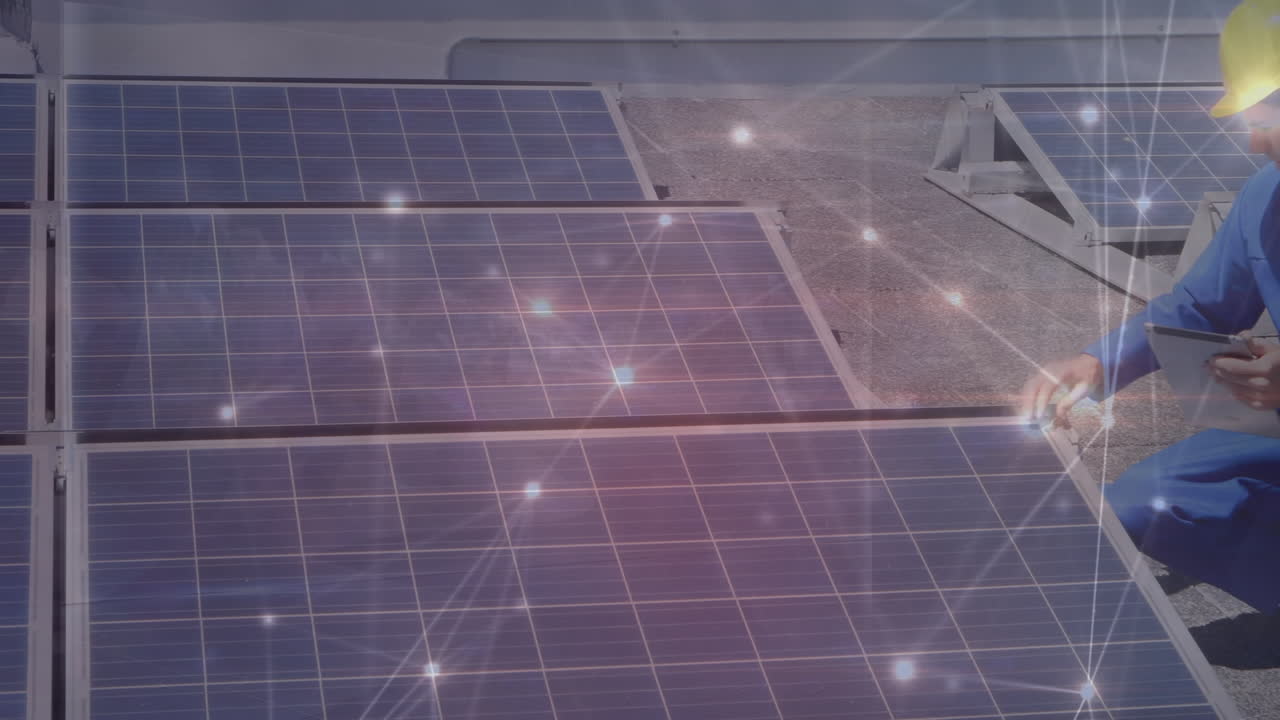 Animation of network of connections over caucasian engineer and solar panels