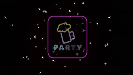 Animation-of-party-text-and-beer-glass-in-square-and-stars-moving-on-black-background