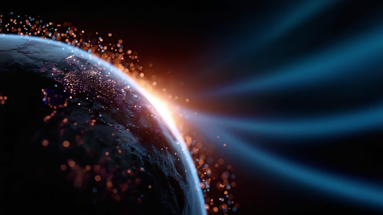 A Stunning View of Earth Against a Cosmic Backdrop Illuminated by Glowing Particles and Vibrant Light Rays Capturing the Beauty of Our Planet in Space